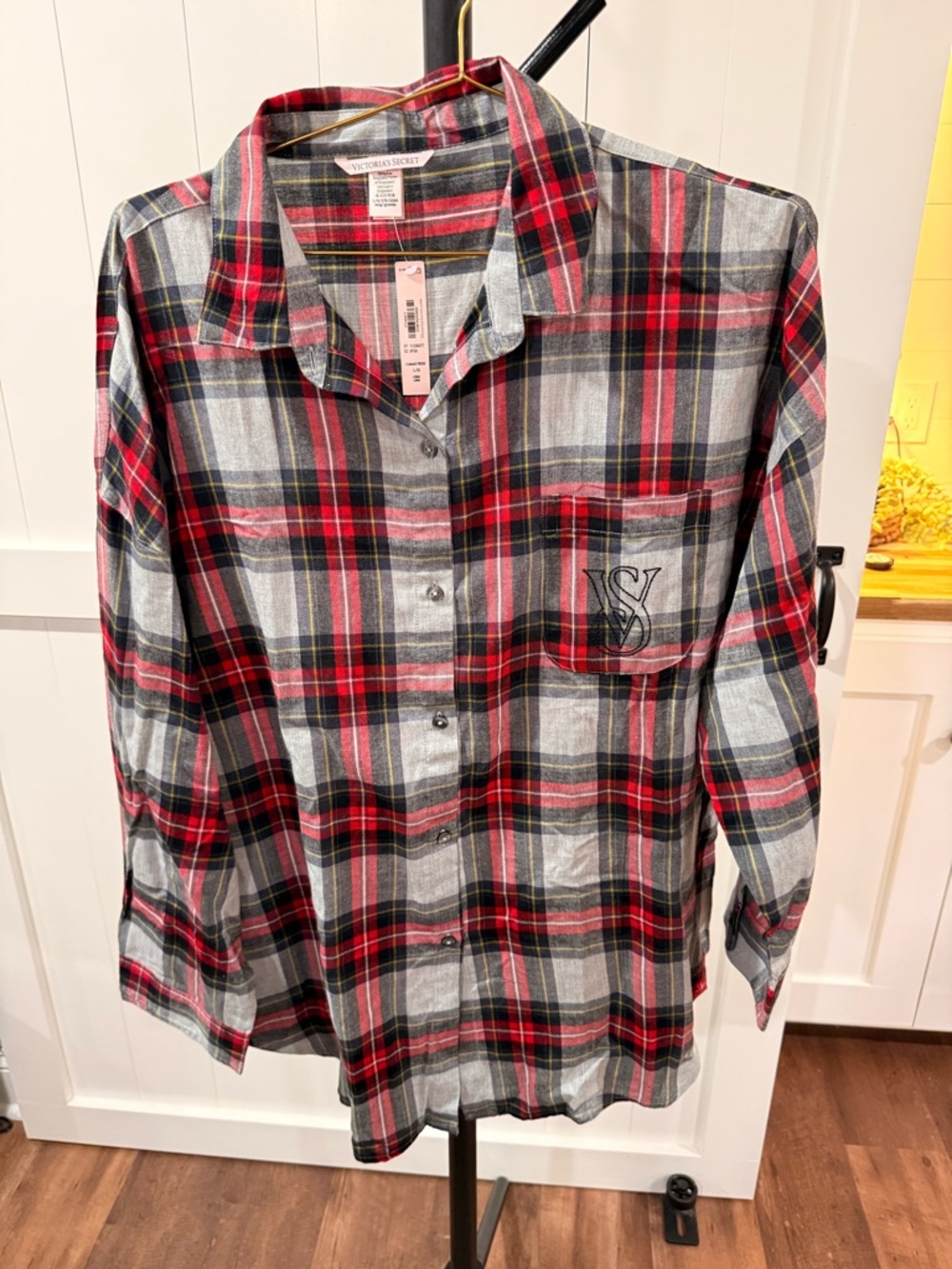 Victoria's Secret Red, Gray & Black Plaid Button-Down Shirt